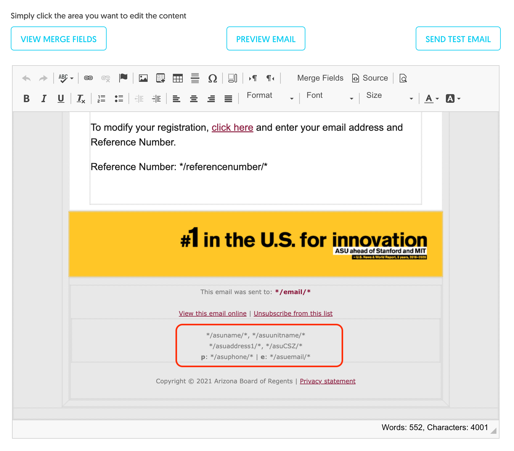 ASU Merge Codes in email footers