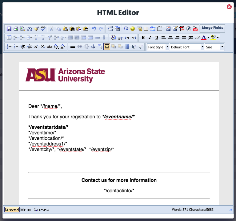 Confirmation email from ASU Template